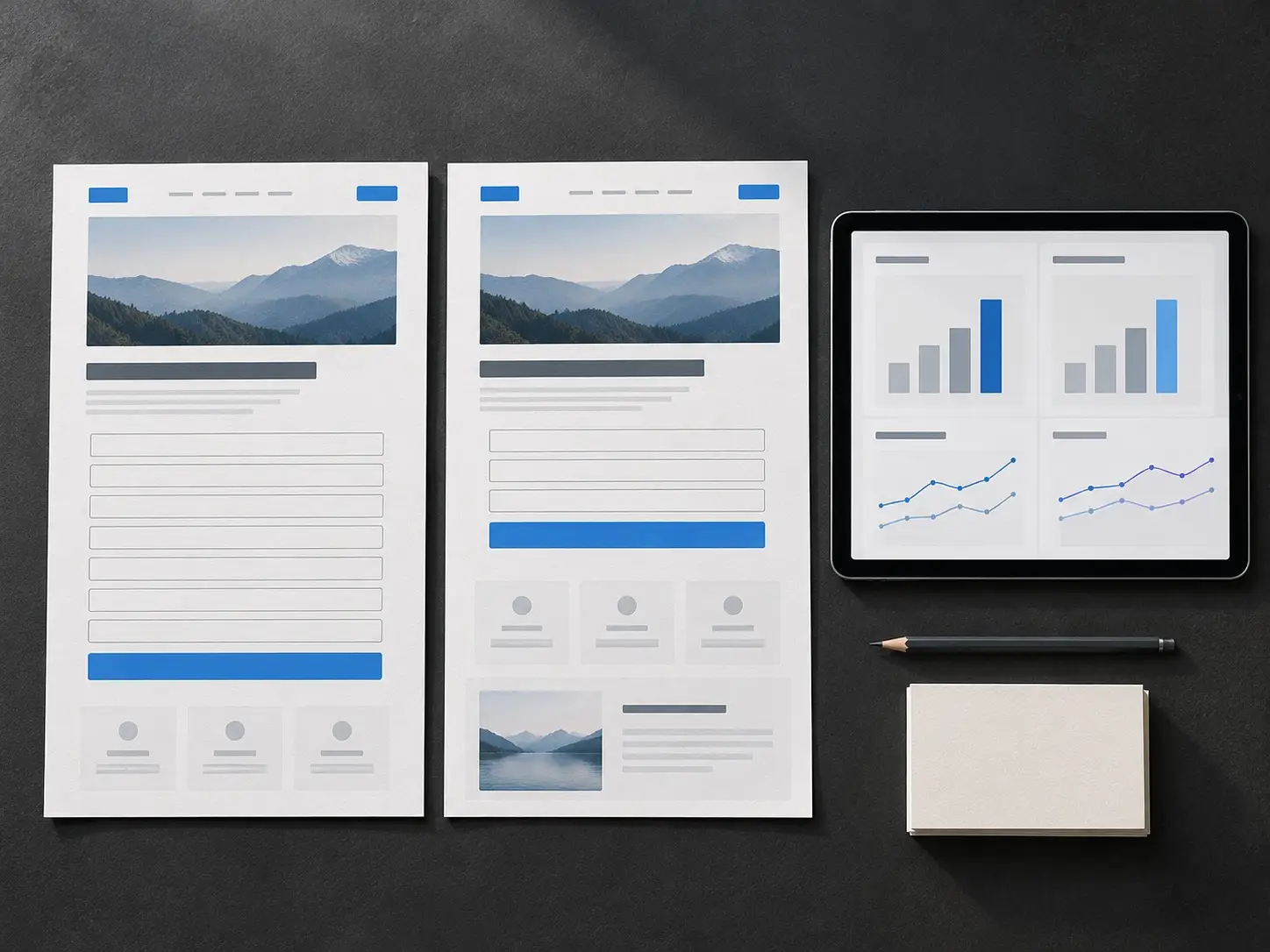 Two landing page layouts compared beside a tablet showing test results.