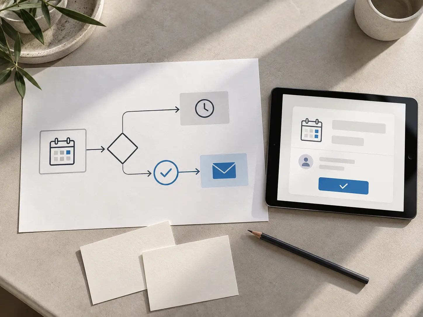 Printed workflow diagram for appointment reminders beside a tablet showing a booking confirmation.