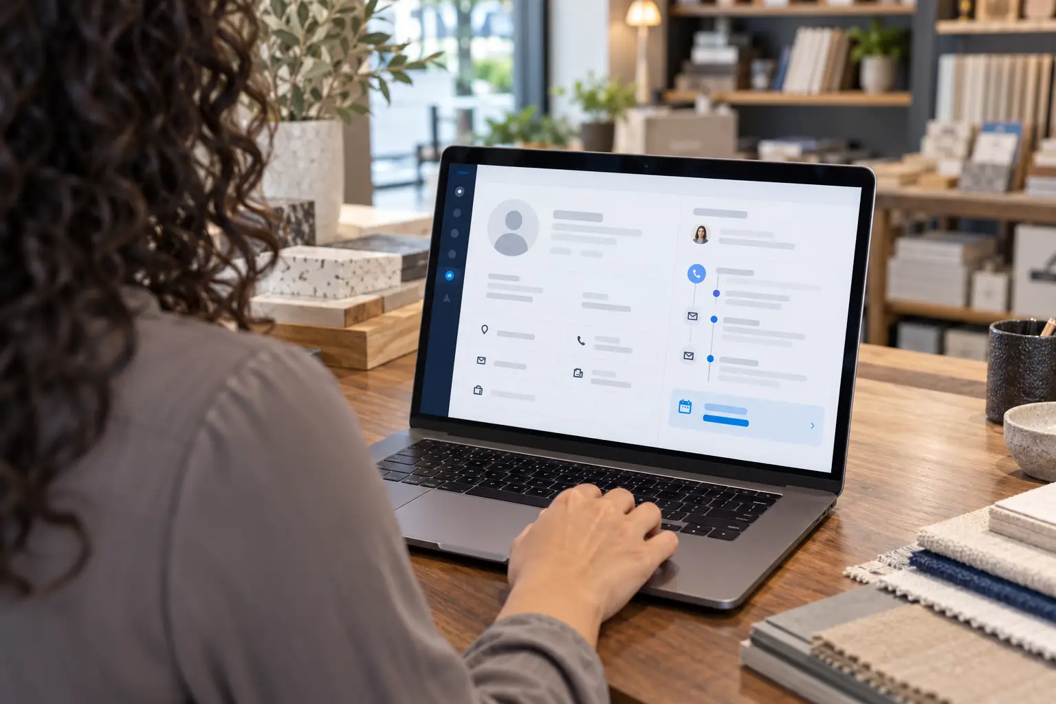 Team member viewing a customer contact record and activity history on a laptop.