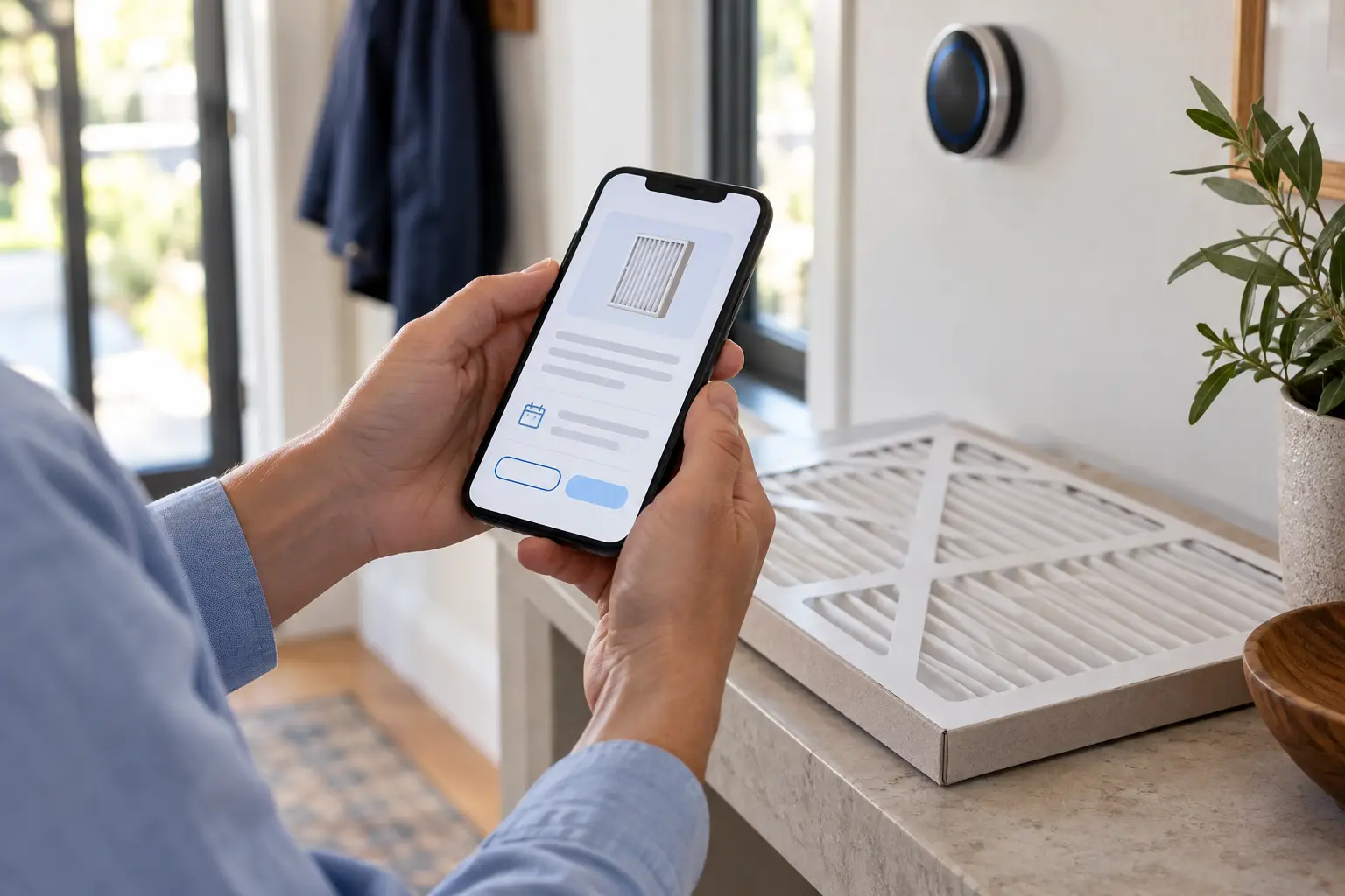 Homeowner reading a filter replacement reminder on a phone.