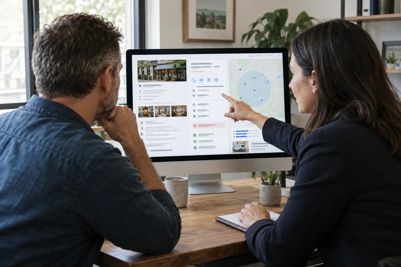Local SEO specialist reviewing a business profile and Maps presence with a business owner.