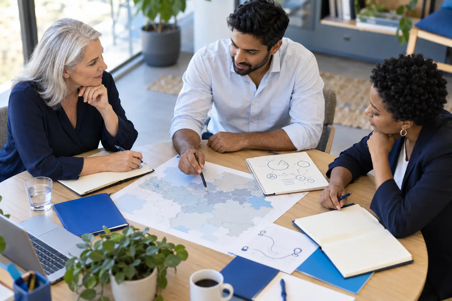 Three colleagues marking service areas on a regional map at a meeting table.