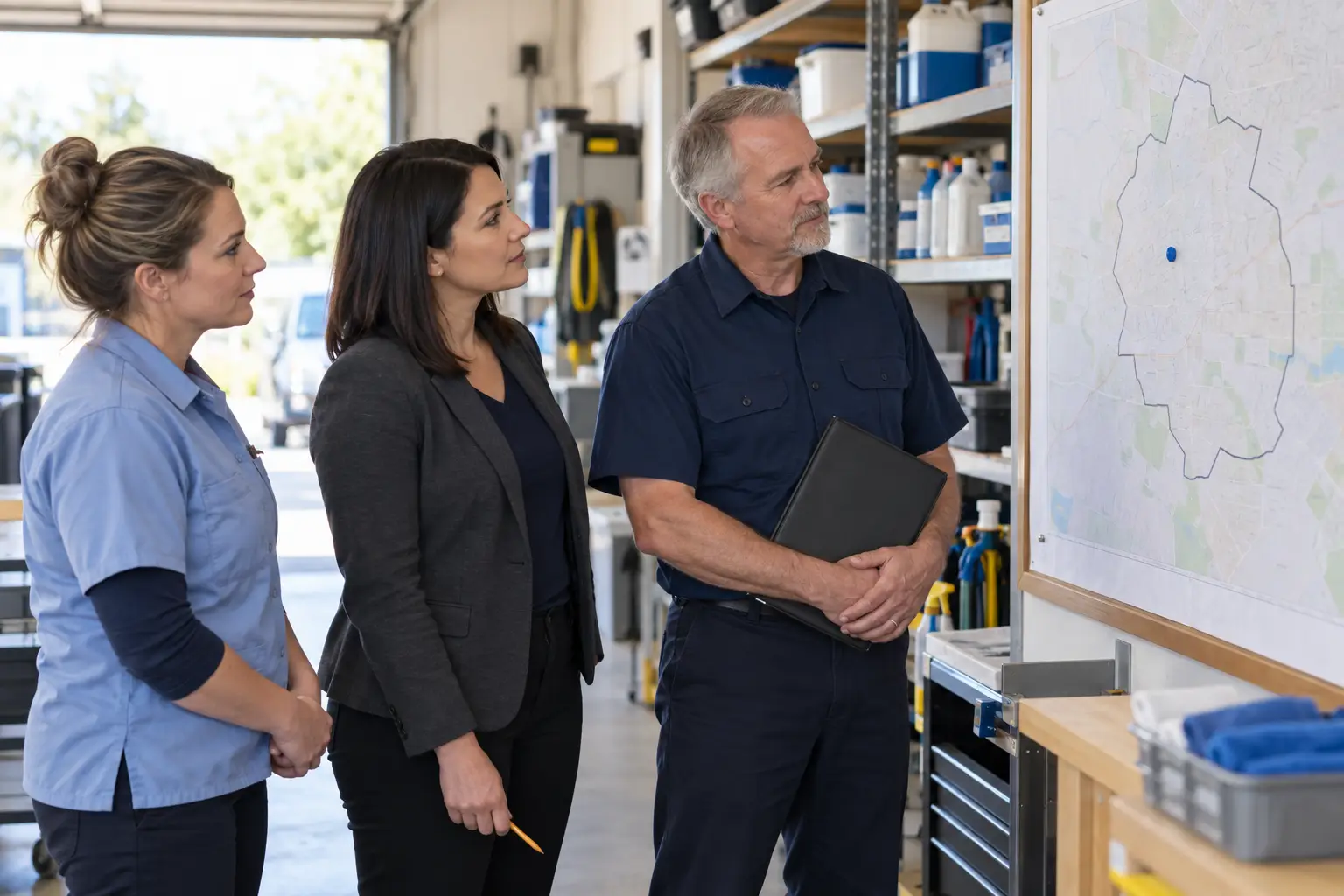 Service team reviewing a coverage map on a workshop wall.